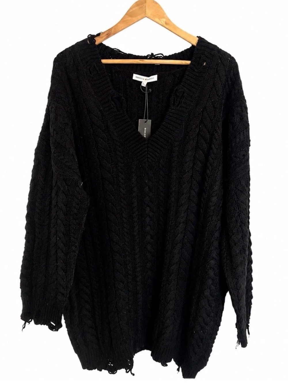 NWT Rebecca Minkoff Sloane Black Distressed Cable Knit Sweater Dress L NWT